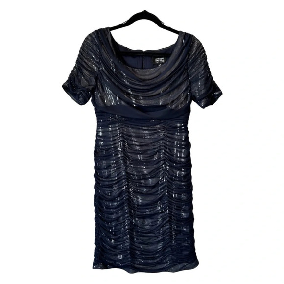 Adrianna Papell Evening Women's Dress Size 8P Navy Mesh Short Sleeve Party Event - Picture 1 of 11